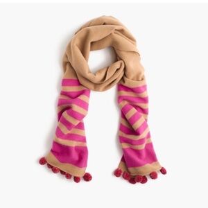 J. Crew Pink and Tan Striped Scarf with Red Pom Poms